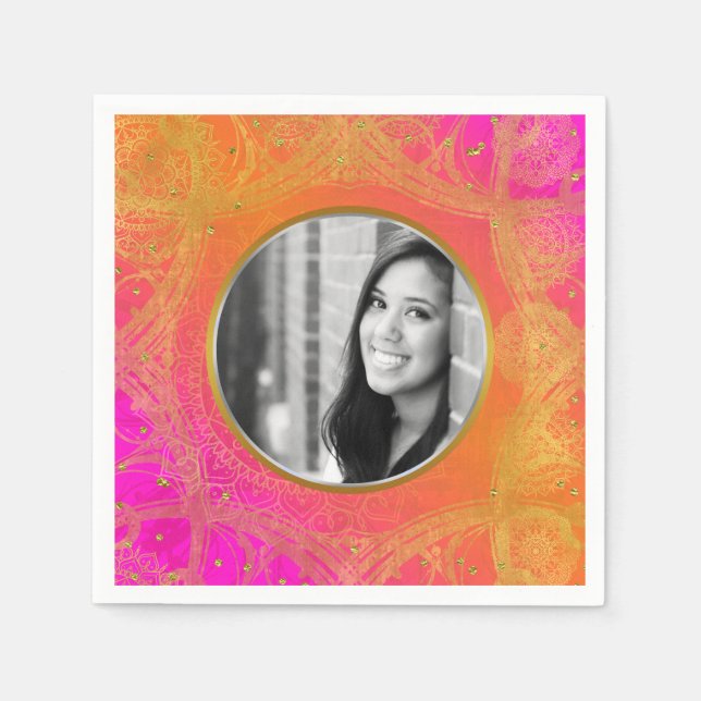 Fuchsia Pink Orange Gold Mandala FOTO Party Serviette (Vorderseite)