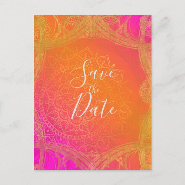Fuchsia Pink Orange & Gold Mandala Save the Date Ankündigungspostkarte (Vorderseite)
