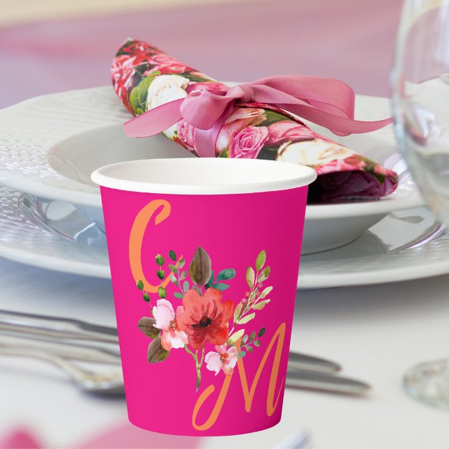 Fuchsia Pink Orange Lila Bright und Bold Floral Pappbecher (Von Creator hochgeladen)