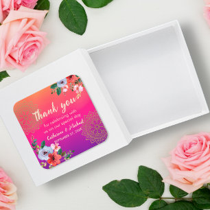 Fuchsia Pink Orange Lila Bright und Bold Floral Quadratischer Aufkleber