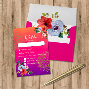 Fuchsia Pink Orange Lila Bright und Bold Floral RSVP Karte