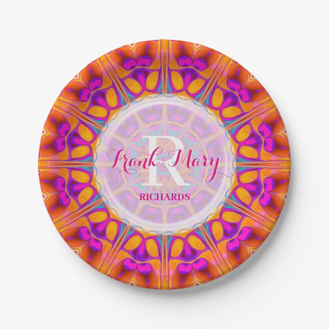 Fuchsia Pink Orange Monogram Paper Plate Pappteller (Vorderseite)