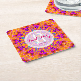 Fuchsia Pink Orange Monogram Untersetzer