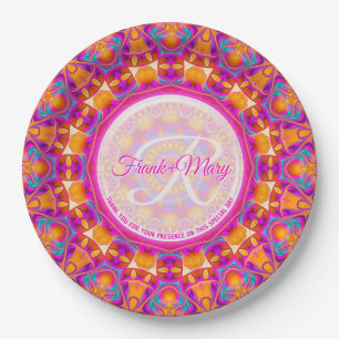 Fuchsia Pink Orange Party Mandala Monogram Pappteller