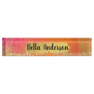Fuchsia Pink Orange und Gold Indian Mandala Glam Namensplakette