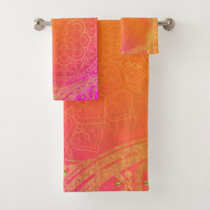 Fuchsia Pink Orange und Gold Indischer Mandala Gla Badhandtuch Set