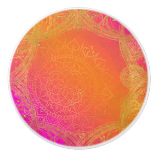 Fuchsia Pink Orange und Gold Indischer Mandala Gla Keramikknauf