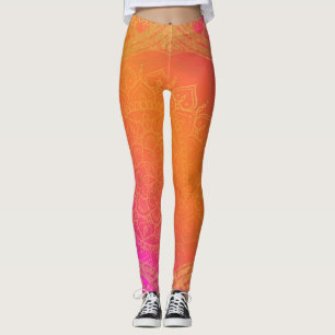 Fuchsia Pink Orange und Gold Indischer Mandala Gla Leggings