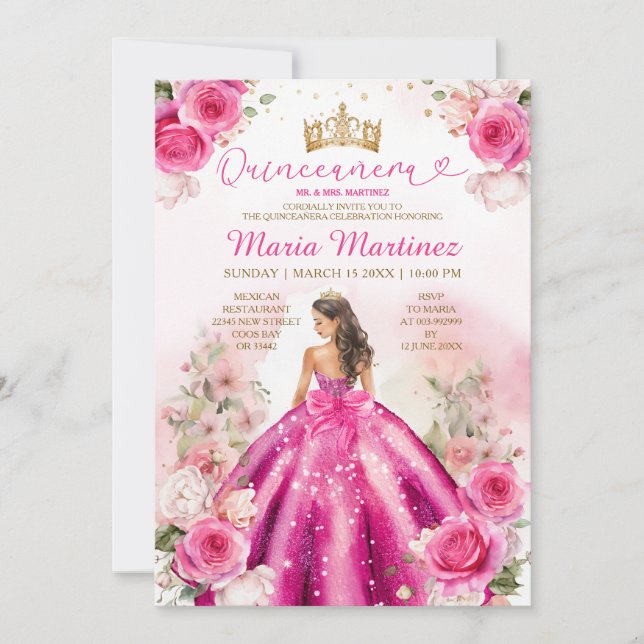 Fuchsia Pink Princess Floral Gold Quinceañera Einladung (Vorderseite)
