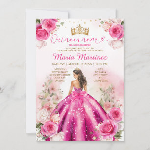 Fuchsia Pink Princess Floral Gold Quinceañera Einladung