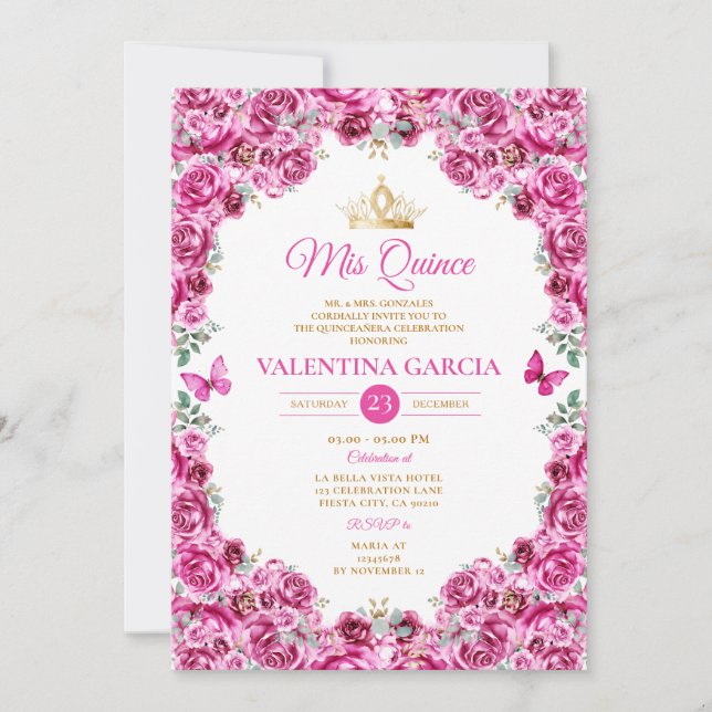 Fuchsia Pink Quinceañera 15 Anos Floral Gold Crown Einladung (Vorderseite)