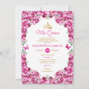Fuchsia Pink Quinceañera 15 Anos Floral Gold Crown Einladung