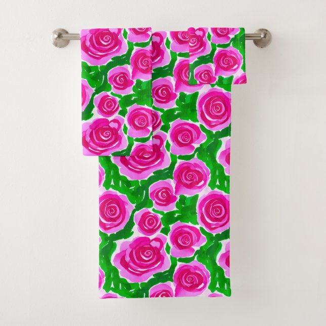 Fuchsia Pink Rose Badhandtuch Set (Insitu)