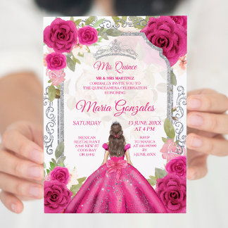 Fuchsia Pink Rose & Dress Charra Mis XV Anos Einladung