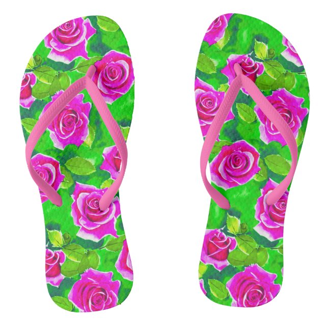 Fuchsia Pink Rose Muster Flip Flops (Fußbett)