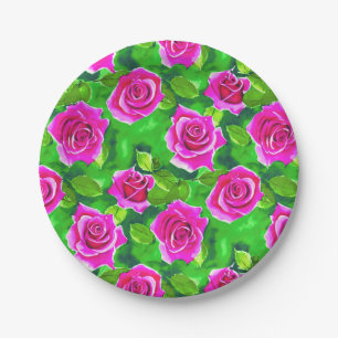 Fuchsia Pink Rose Muster Pappteller