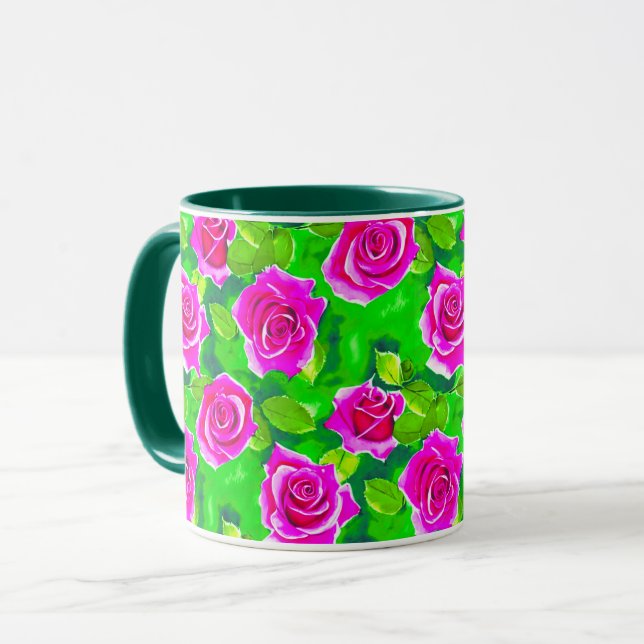 Fuchsia Pink Rose Muster Tasse (Vorderseite Links)