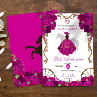 Fuchsia Pink Rose Western Charro Quince Años Einladung