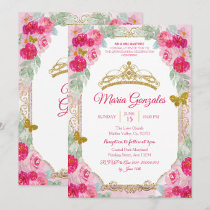 Fuchsia Pink Roses & Butterfly Mis Quince Einladung