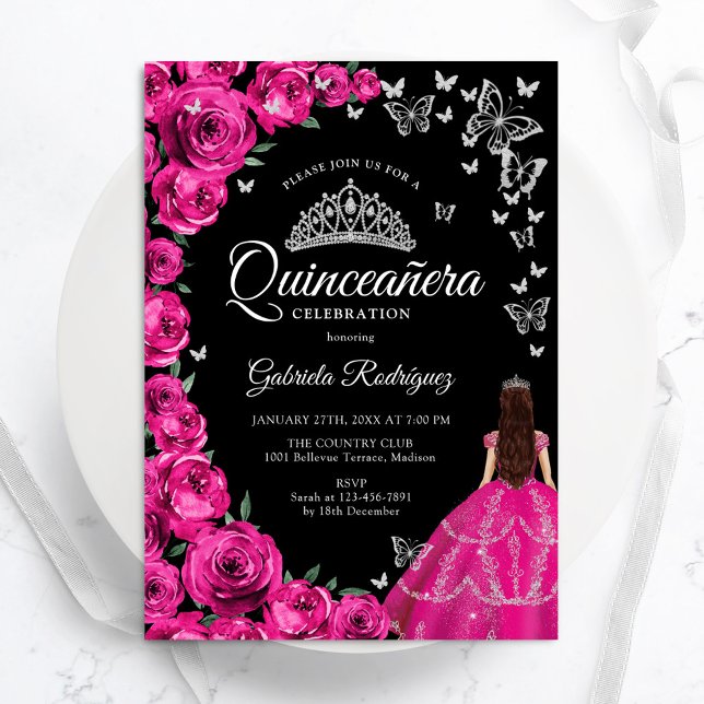 Fuchsia Pink Roses Silver Butterfells Quinceanera Einladung (Von Creator hochgeladen)