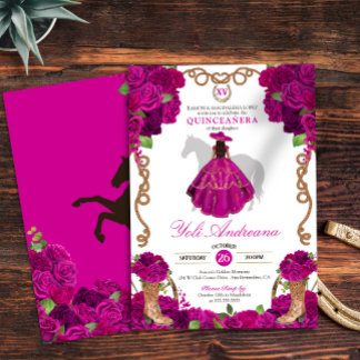 Fuchsia Pink Roses Western Charro Quinceañera Einladung