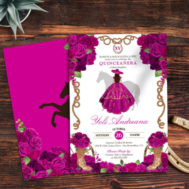 Fuchsia Pink Roses Western Charro Quinceañera V2 Einladung (Von Creator hochgeladen)