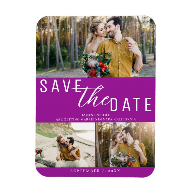 Fuchsia Pink Save the Date Hochzeit 3 Fotos Magnet (Vertikal)