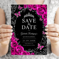 Fuchsia Pink Schwarz Silber Quinceanera Floral