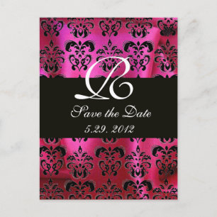FUCHSIA PINK SCHWARZER DAMASTSTOFF MONOGRAMM , wei Ankündigungspostkarte