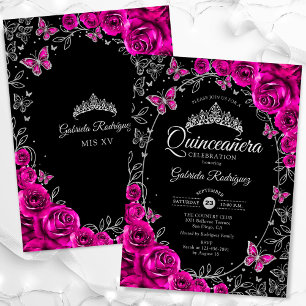 Fuchsia Pink Silver Black Quinceanera Einladung