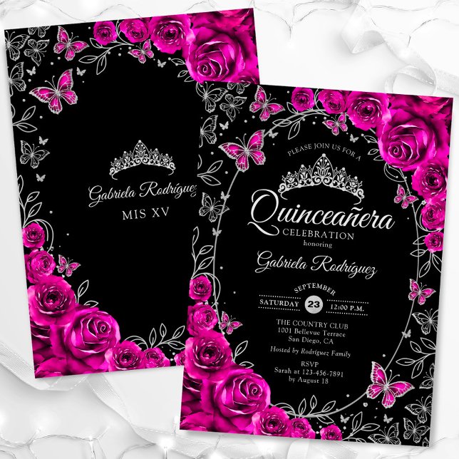 Fuchsia Pink Silver Black Quinceanera Einladung (Von Creator hochgeladen)