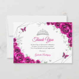 Fuchsia Pink Silver Floral Quinceanera Dankeskarte