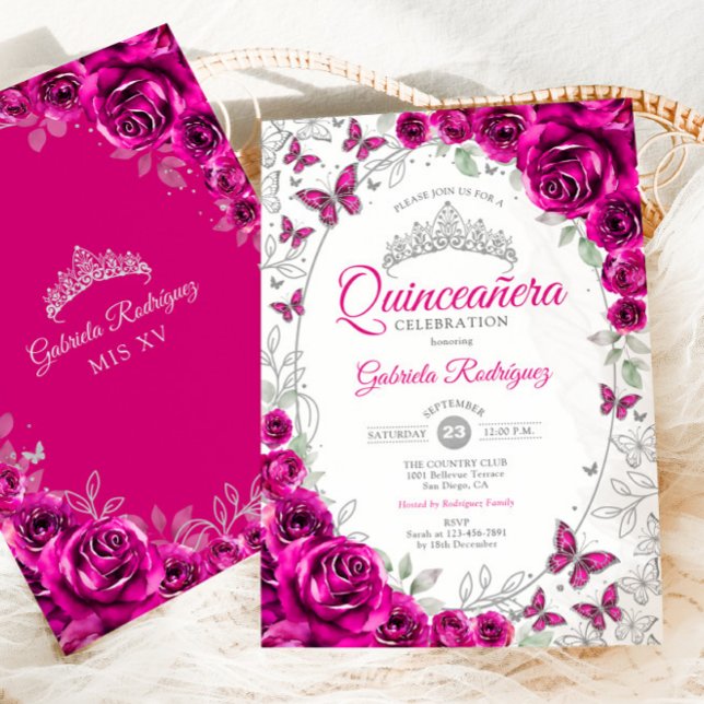 Fuchsia Pink Silver Floral Quinceanera Einladung (Von Creator hochgeladen)