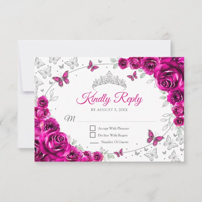 Fuchsia Pink Silver Floral Quinceanera Reply RSVP Karte (Vorderseite)