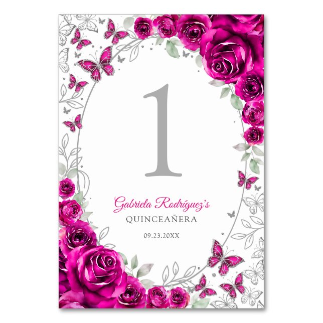 Fuchsia Pink Silver Floral Quinceanera Tischnummer (Vorderseite)