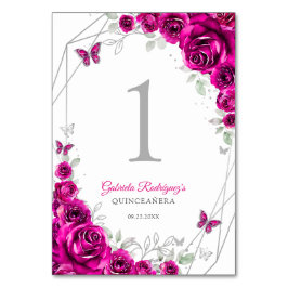 Fuchsia Pink Silver Floral Quinceanera Tischnummer