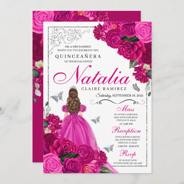 Fuchsia Pink Silver Princess Butterfly Quinceañera Einladung (Vorne/Hinten)