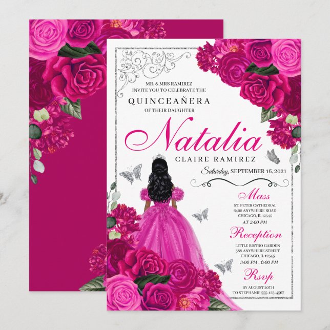 Fuchsia Pink Silver Princess Butterfly Quinceañera Einladung (Vorne/Hinten)