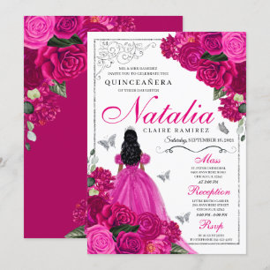 Fuchsia Pink Silver Princess Butterfly Quinceañera Einladung