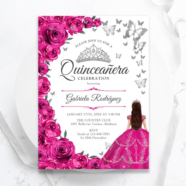 Fuchsia Pink Silver Quinceanera Einladung (Von Creator hochgeladen)