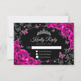 Fuchsia Pink Silver Quinceanera Reply RSVP Karte
