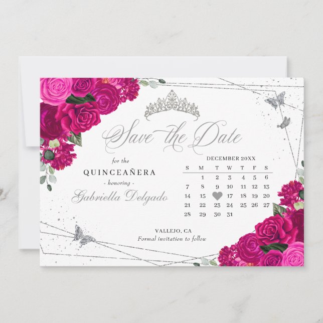 Fuchsia Pink & Silver Quinceañera Save the Date Einladung (Vorderseite)