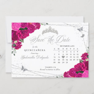 Fuchsia Pink & Silver Quinceañera Save the Date Einladung
