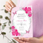 Fuchsia Pink Silver Sweet Sixteen 16th Birthday Einladung<br><div class="desc">The perfect invitation for your daughter's Sweet 16 is finally here! The chic design features elegant watercolor pink & fuchsia roses,  sweet butterflies and a modern oval silver frame. Click the "customize further" button if you wish to re-arrange and format the style and placement of the text.</div>