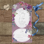 Fuchsia Pink und Lila Boho Blumen Kein Abendessen All In One Einladung<br><div class="desc">Dieses Design mit Aquarellfuchsien, blauen, lila, rosa und weißen Blume auf einem Vintag aussehenden fuchsienartigen Hintergrund. Der Text erscheint in weißen ovalen Rahmen. Personalisierte All-In-One-Einladungen sind eine einzigartige Kombination aus einer schön gedruckten, maßgeschneiderten Einladung und einer leicht zu abreißenden perforierten UAWG-Postkarte. Und sie sind so einfach zu bedienen! Man falte...</div>