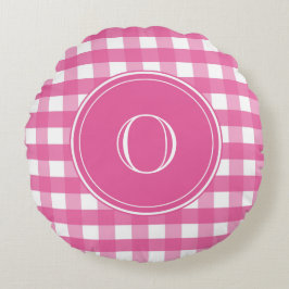 Fuchsia Pink und White Gingham Monogram Rundes Kissen