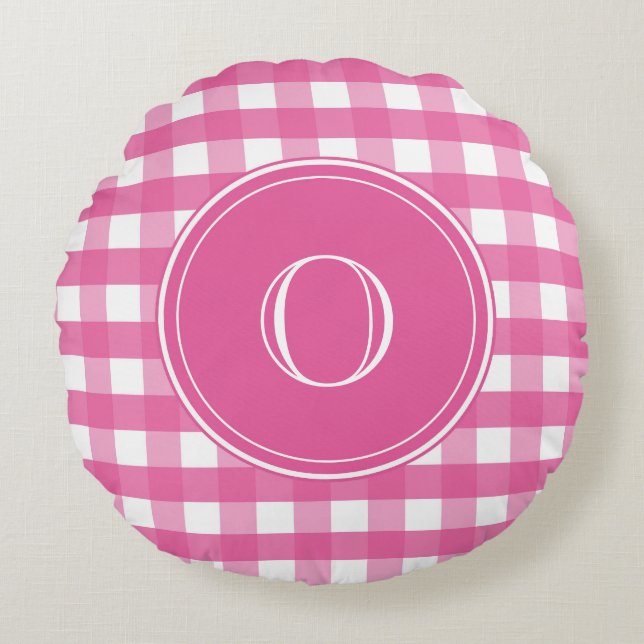 Fuchsia Pink und White Gingham Monogram Rundes Kissen (Vorderseite)