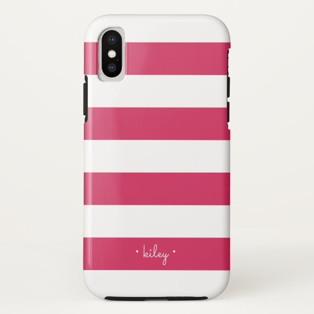 Fuchsia Pink & White Strip Personalisiert Case-Mate iPhone Hülle (Rückseite)
