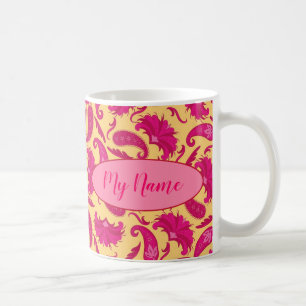 Fuchsia Pink Yellow Name Personalisiert Paisley Kaffeetasse