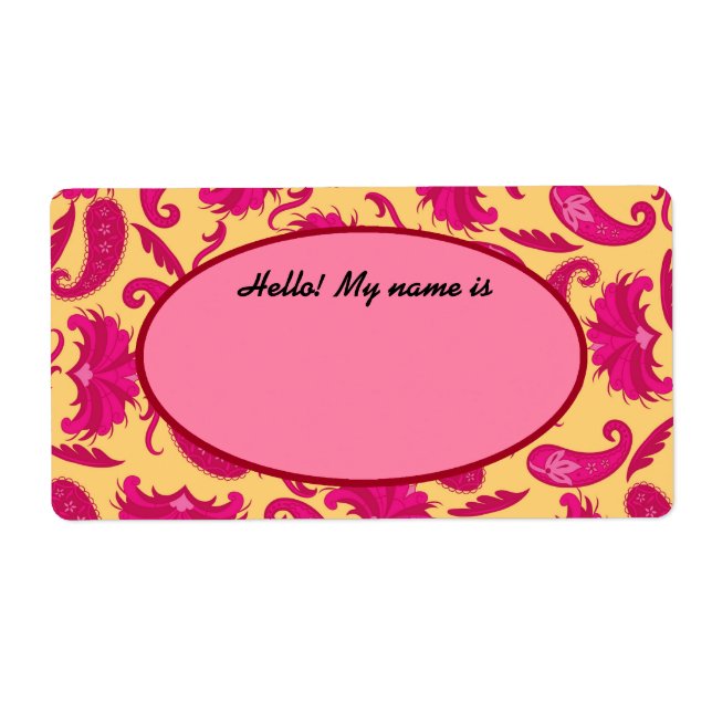 Fuchsia Pink Yellow Paisley Name Etikett (Vorne)
